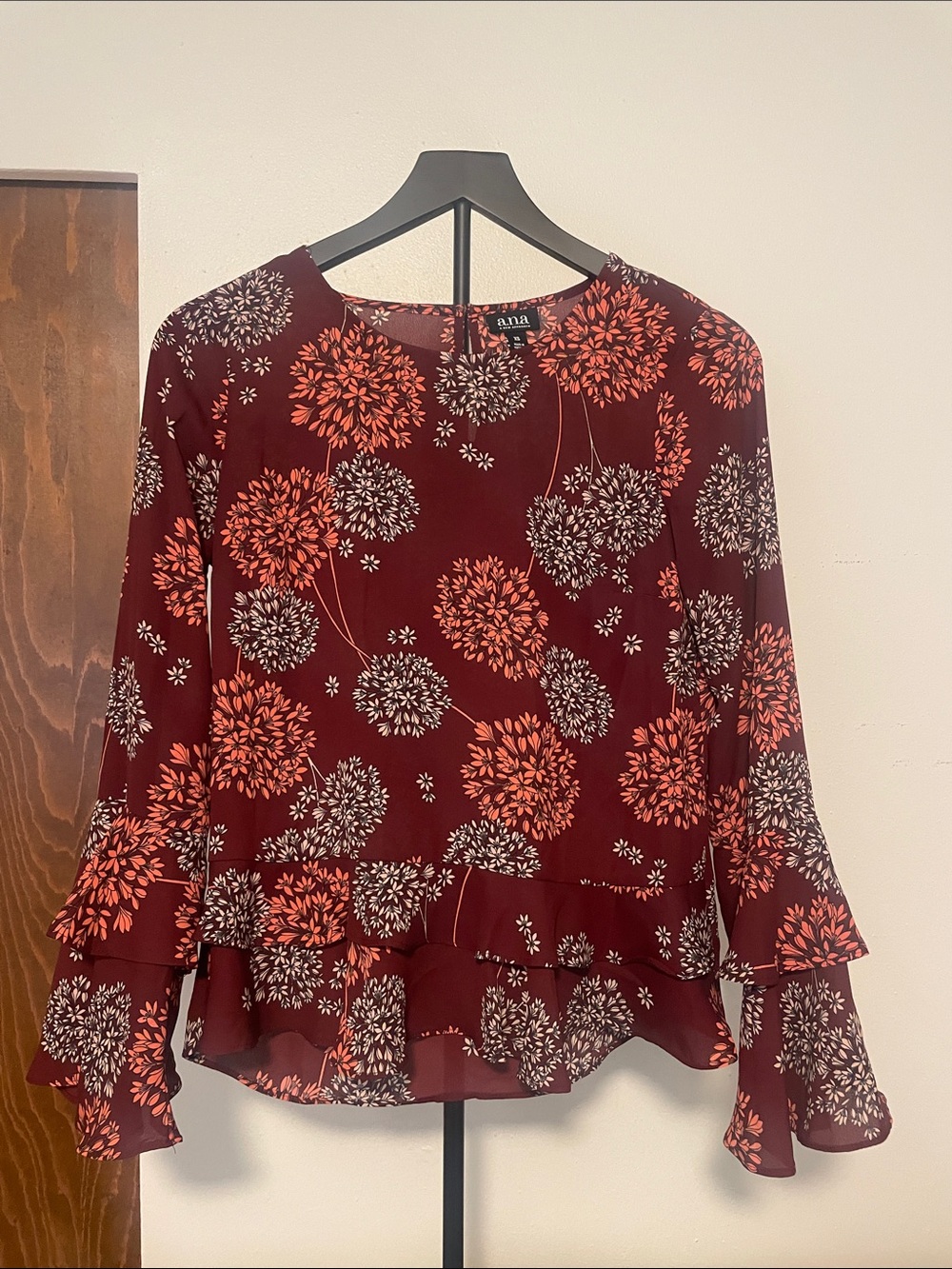 anna Burgundy Floral Ruffle Hem Long Sleeve Blouse